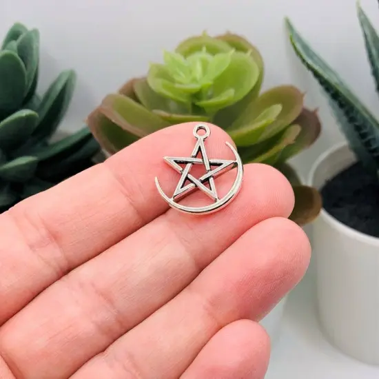 Silver Pentacle and Crescent Moon Charms, 16x17mm {4}