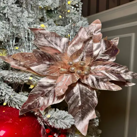 Rose Gold Metallic Poinsettia Flower Stem 14&rdquo; set of 3 {3}