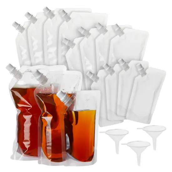 30 Pack Reusable Adult Plastic Drink Pouches with Funnels for Juice, Soda, Liquor (8, 16, 32 Ounces) Clear {1}