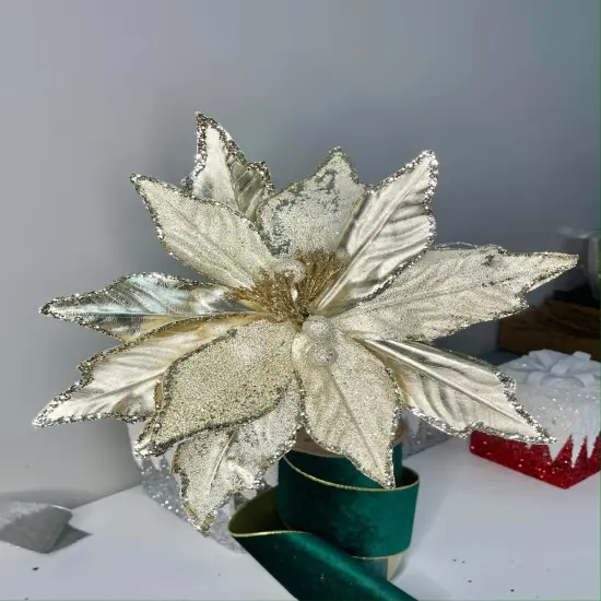Christmas Flower Metallic Champagne Frosted Beads Poinsettia Stem Spray 12'' Set of 3 {2}