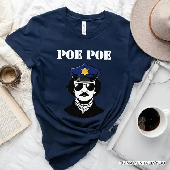 Police Edgar Allan Poe Poe T-Shirt, Navy and White Funny Tee {1}