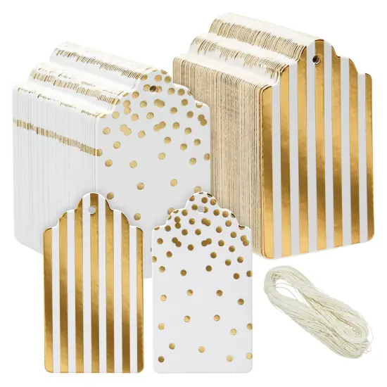 120 Pcs Gold Foil Paper Gift Tags with String for Christmas, Weddings, Party Favors, Stripes and Polka Dots Design (1.8 x 3.2 In) {1}