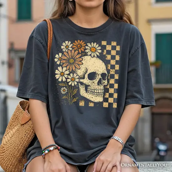 Checkered Floral Skeleton T-Shirt, Vintage Skull Daisy Halloween Tee {2}