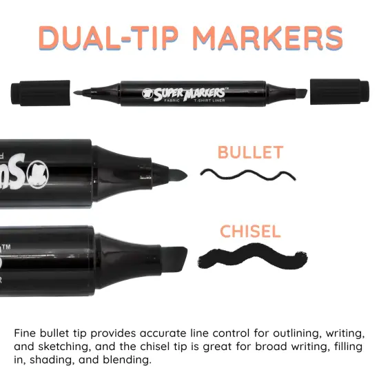 Super Markers Black Dual Tip Fabric & T-Shirt Markers, Set of 6 - Double-Ended Fabric Markers with Chisel Point and Fine Point Tips {4}