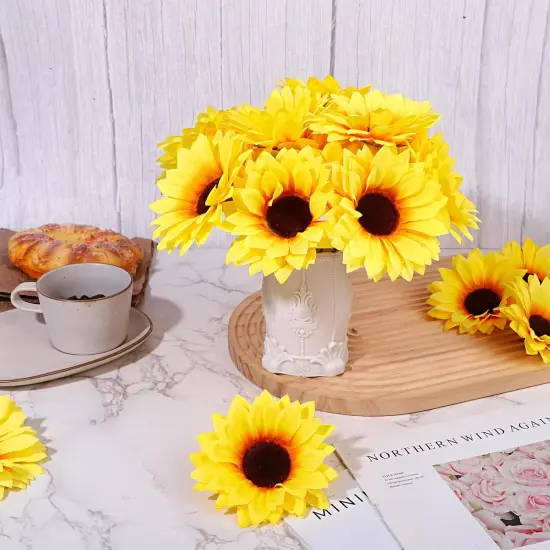 80 Pcs Summer Sunflowers &ndash; 4.1" Yellow Artificial Flower Heads with Stems for DIY Projects & Seasonal Home Decor Floral Arrangements {3}