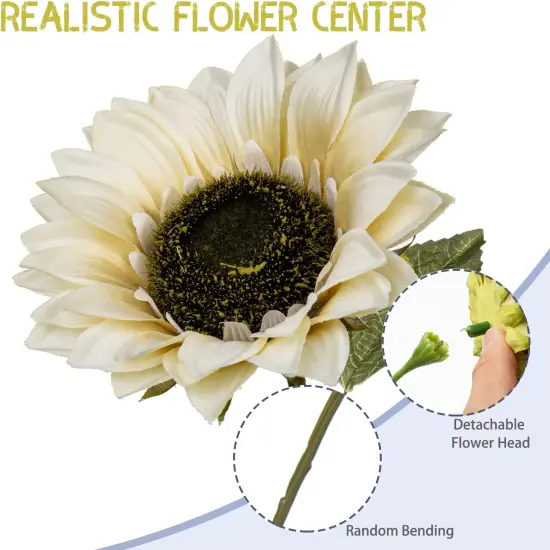 6PCS Large Artificial White Sunflowers &ndash; 26" Long Stem Faux Silk Flowers for Elegant Summer Home Decor & Seasonal Arrangements {2}