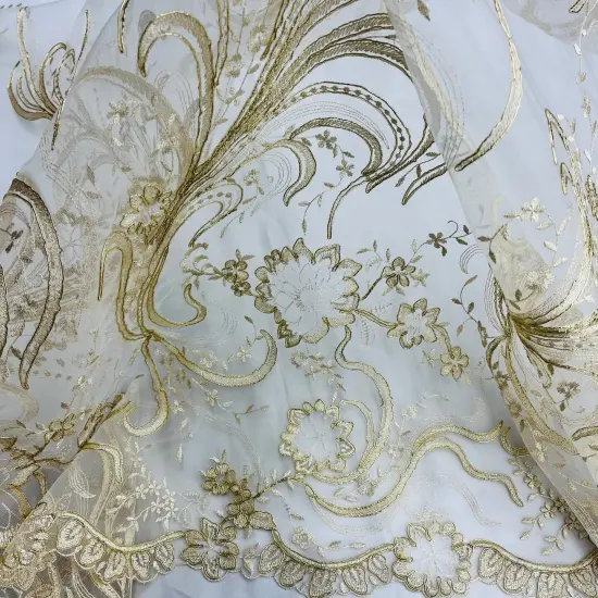 1 Yard Ivory Corded Bridal Lace Fabric Embroidered Elegant Mesh 54" Width Silver {5}