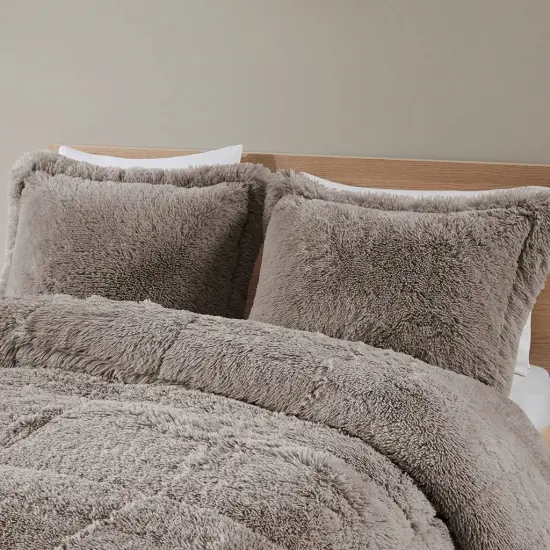 Grey Soft Sherpa Faux Fur 3-Piece Comforter Set with Pillow Shams {4}