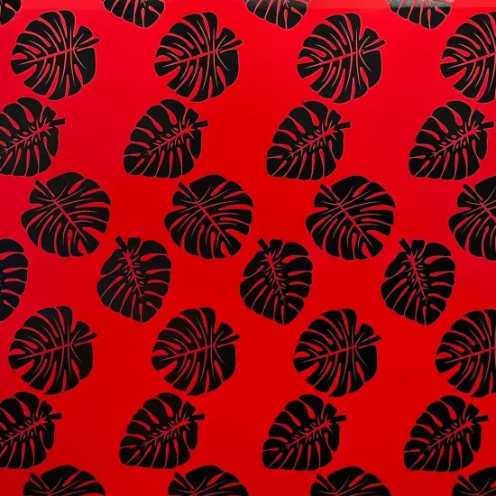 1 Yard All Over Monstera Leaf Red or Black Design Polyester Foil Fabric Shiny Tropical Print 60 Inches Width {1}