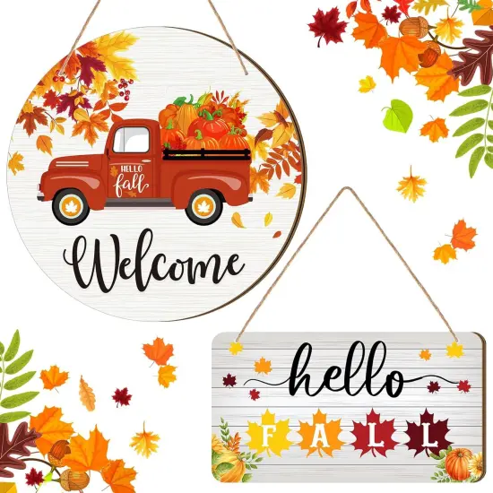 2 Pcs Fall Autumn Wooden Hanging Sign {1}
