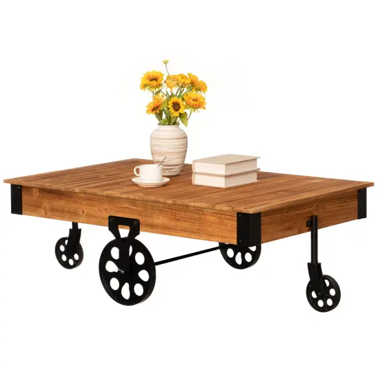 Vintiquewise Large Rustic Vintage Industrial Wooden Coffee Table with Detailed Wood Grain Metal Accents and Black Cast Iron Cart Wheels Perfect for Farmhouse and Loft-Style Interiors {1}