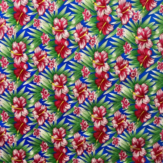 1 Yard Multicolor Hibiscus Flowers Polyester Fabric with Tropical Palm Design 60 Inch Width Red & Green {2}