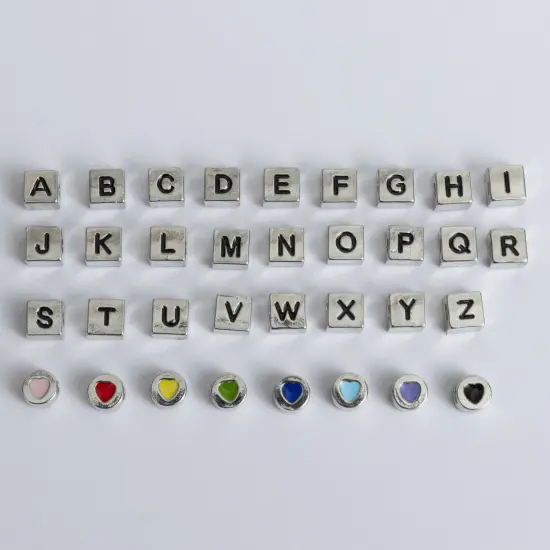 Silver Block Letter Cast Alphabet & Heart Beads {1}