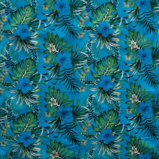 1 Yard Hibiscus Monstera Palm Leaves Polyester Fabric, 60" Wide Tropical Print Turquoise {1}