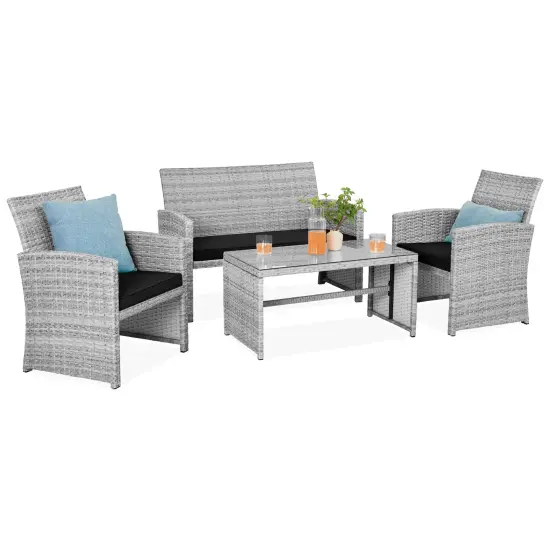 Best Choice Products 4-Piece Outdoor Wicker Patio Conversation Furniture Set w/ Table, Cushions Black/White Sand {7}
