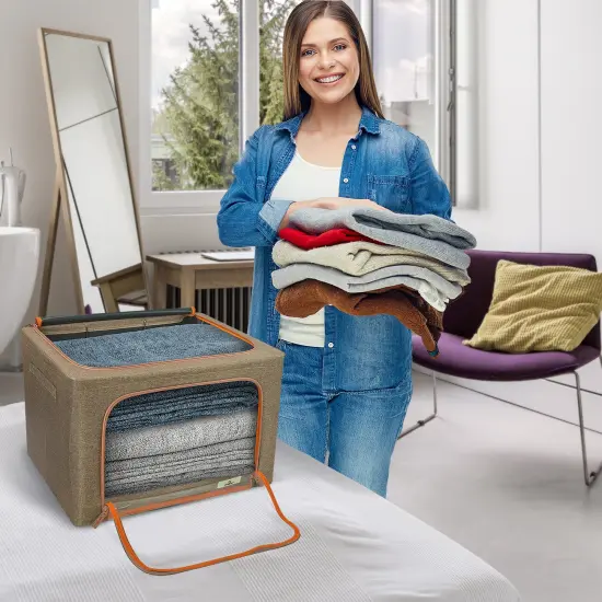 Sorbus 1 Pack Storage Bin with Metal Frame, Stackable Clothes Organizer Bag with Window & Handles, Organization for Bedding Linen & Clothing Brown {5}