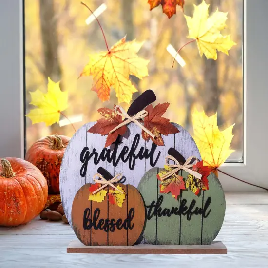 Fall Decorations for Home Blessed Grateful Thankful Fall Decor Wooden Pumpkin Tabletop Signs for Home Thanksgiving Farmhouse Living Room Harvest {1}