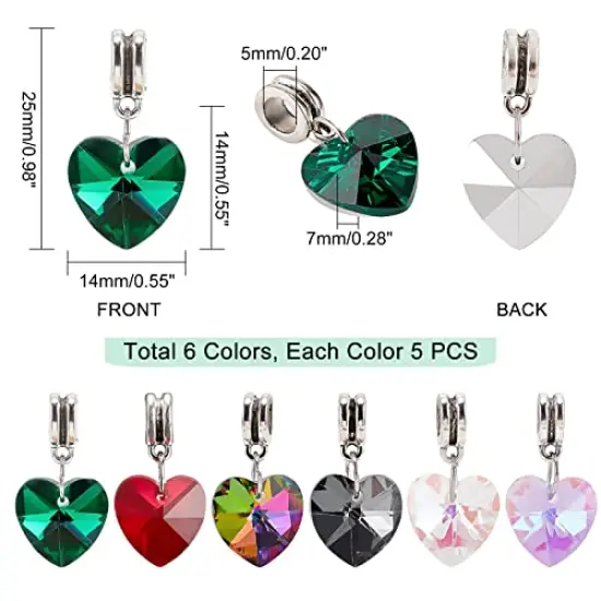 30 Pieces 6 Colors Heart Glass Charms Faceted Heart Pendants Valentine Charms Crystal Dangle Charms with Bail Hanger Large Hole Beads for Wedding Mother Necklace Bracelets Making, Hole: 5mm {1}