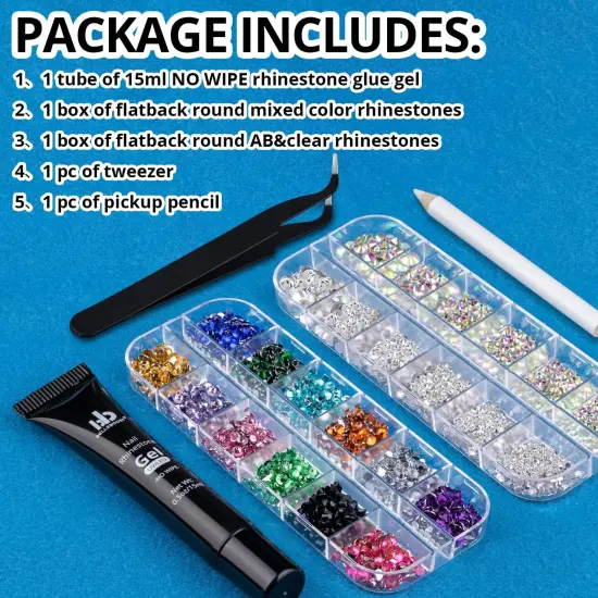 1 Tube of 15ml Gel + Colorful Gems + Flat-back Round Glass Crystals With Pickup Tools {1}