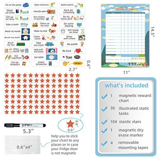 Bahavior Chart for Kid at Home, Reward Chart for Kids Behavior. Each Set Includes 30 tasks, 104 Stars, and one 11&ldquo; x 14.5" Magnetic Chart- Blue {1}