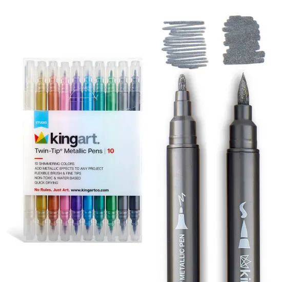 KINGART&reg; Twin-Tip&trade; Metallic Pens, Brush & Fine, 10 Shimmering Colors {1}
