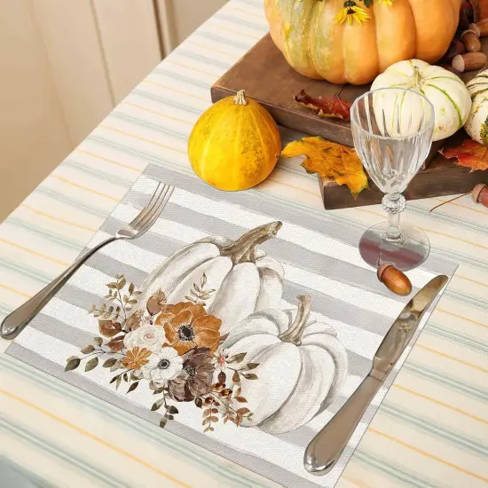 Set of 4 Fall Stripe with Pumpkin Placemats - 12x18 Inch {4}