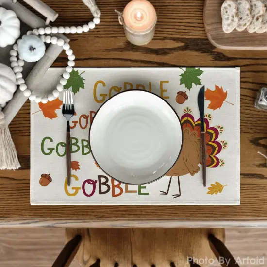 Set of 6 Turkey Gobble Thanksgiving Placemats - 12x18 Inch (Beige) {2}