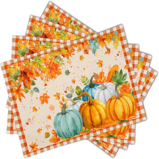 Set of 4 Fall Thanksgiving Linen Placemats - 12x18 Inch (Pumpkin) {2}