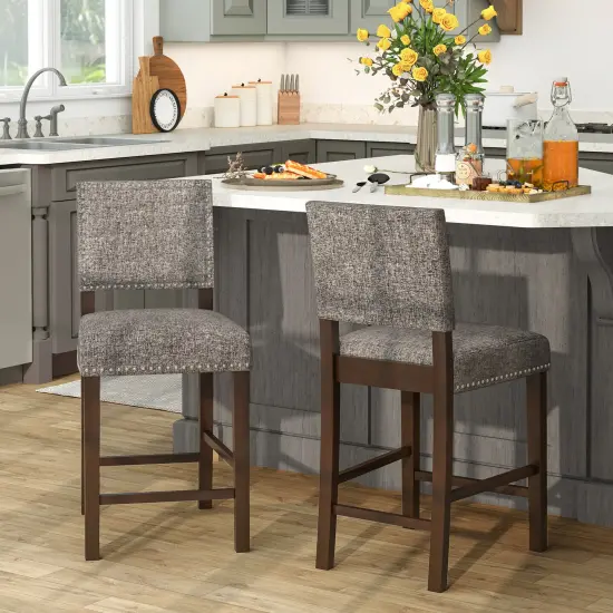 Costway Set of 2 Counter/Bar Height Chairs with Solid Rubber Wood Frame & Adjustable Foot Pads Gray & Dark Brown {4}