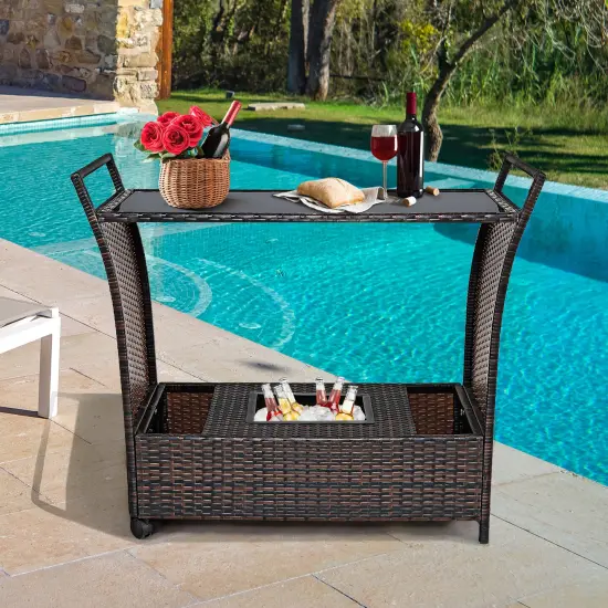 Costway Patio Rattan Bar Serving Cart Wheels Ice Bucket Glass Top Handle Garden {3}