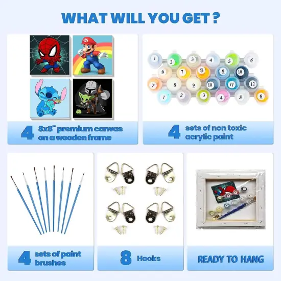 4 Pack Cartoon Paint by Number for Kids with Wooden Frame-Paint by Numbers for Kids Ages 4-8-12, DIY Paints with Numbers Easy Acrylic Oil Painting Kits for Home Wall Decor (8X8inch) {4}