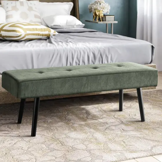 Modern Corduroy Upholstered End of Bed Searing Bench with Black Metal Legs for Living Room Green {1}