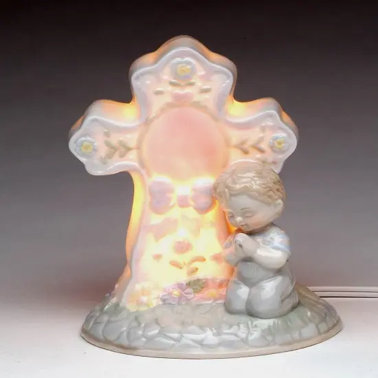 Ceramic Praying Boy Next to Cross Nightlight, Religious Gift or Decor, Baptism Gift, Nursery Room Nightlight {3}