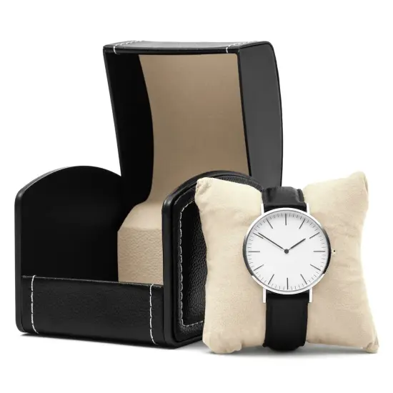 Single Grid Wrist Watch Box with Pillow (Black, Faux Leather) {5}
