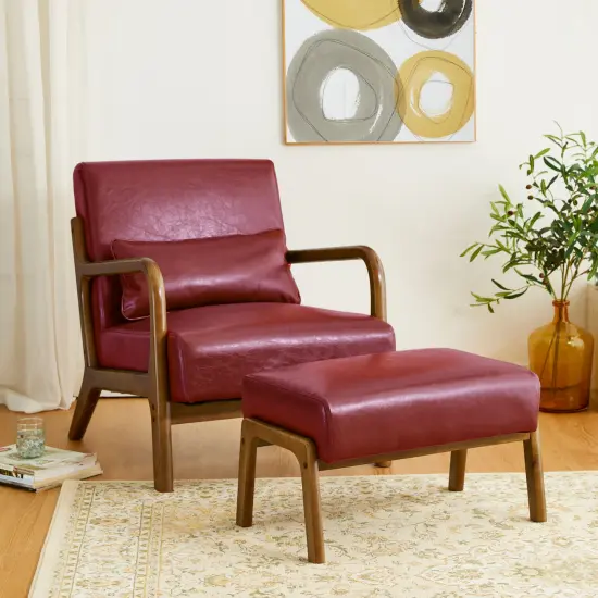30.75"H Mid-Century PU Leather Armchair with Ottoman Set Camel {10}