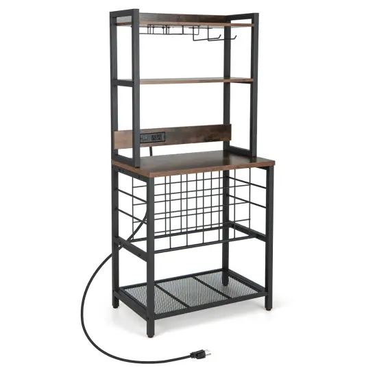 Brown Multi-functional Wine Bar Rack with 4 Tier Storage Shelves and Power Outlets {1}