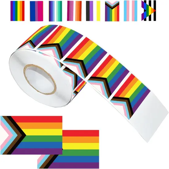 LGBTQ Pride Stickers, Progress Pride Flag Rectangle Self Adhesive Decal Waterproof Stickers for Parades and Events(1 Roll - 300 Stickers) {1}