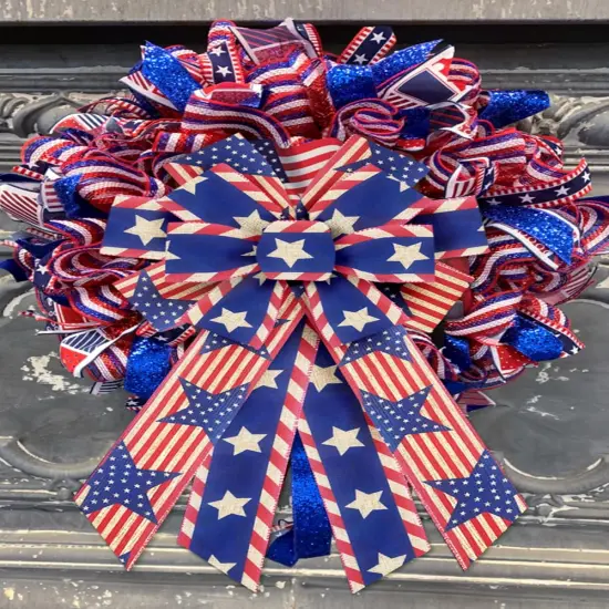 Large Patriotic Wreath Bows America Flag Star Burlap Bows for Wreath, 4th of July Bows for Labor Day Independence Day Front Door Home Indoor Outdoor Party Decoration Wreath Ornament Supplies {4}