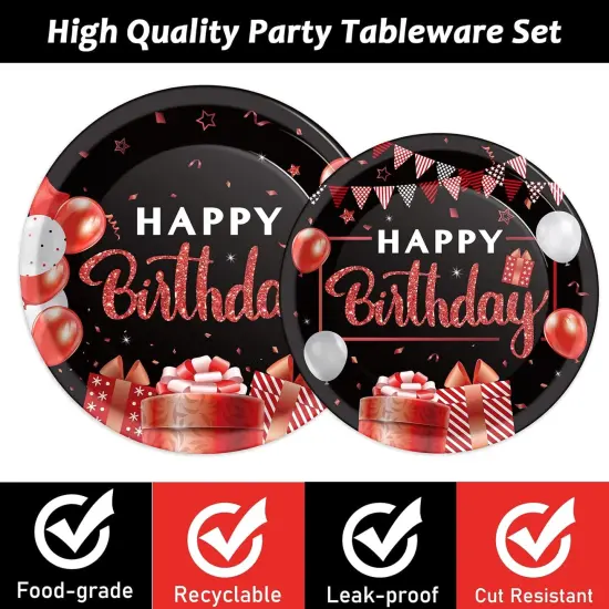 96 Pieces Red and Black Tableware Set Confetti Sprinkles Happy Birthday Party Decorations Table Decors for Men Women Plates Napkins Forks for 24 Guests {3}