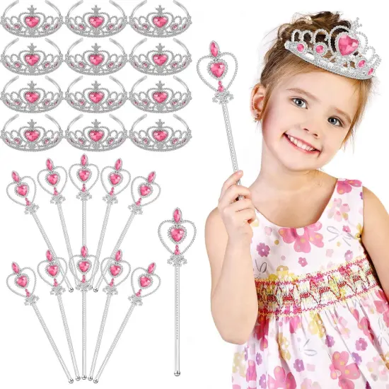 24 Pcs Princess Dress up Accessories Crown Tiara and Wand Set Include 12 Pcs Princess Wand and 12 Pcs Plastic Crown Kids Tiara for Little Girls {1}