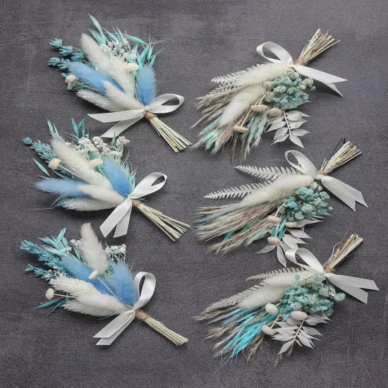 Mini Dried Flower Bouquet Set (6 pcs), Small Blue Bouquet, Boho Wedding Dinner Plate Decoration, Home Wall Decoration, Bridesmaid Flower Girl Proposal Gift Box, Card Decoration. (Blue) {3}