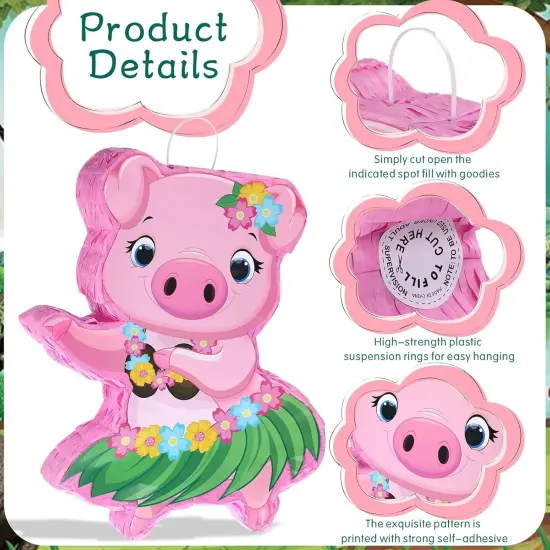 Small Pig Pi&ntilde;ata Hawaiian Party Decorations Pink Pig Pi&ntilde;ata with Blindfold Stick for Summer Hawaii Aloha Tropical Themed Birthday Party Supplies, 16.5 x 12.4 x 3.1 Inch {2}