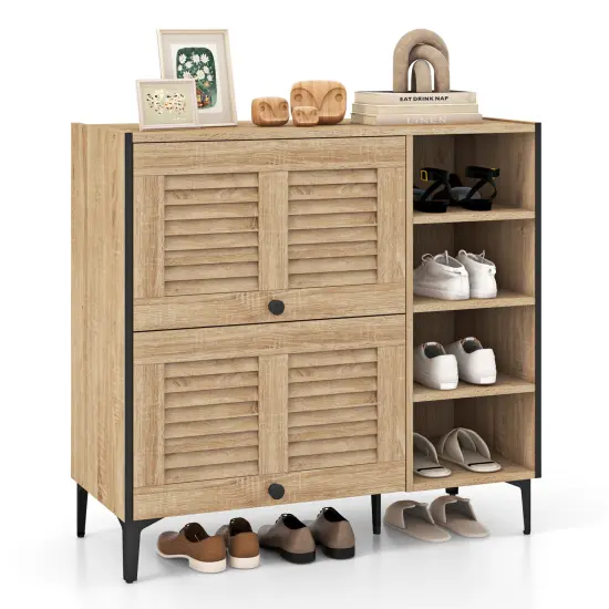 Shoe Rack Organizer with Flip-up See-through Doors and Adjustable Shelves-Oak {4}