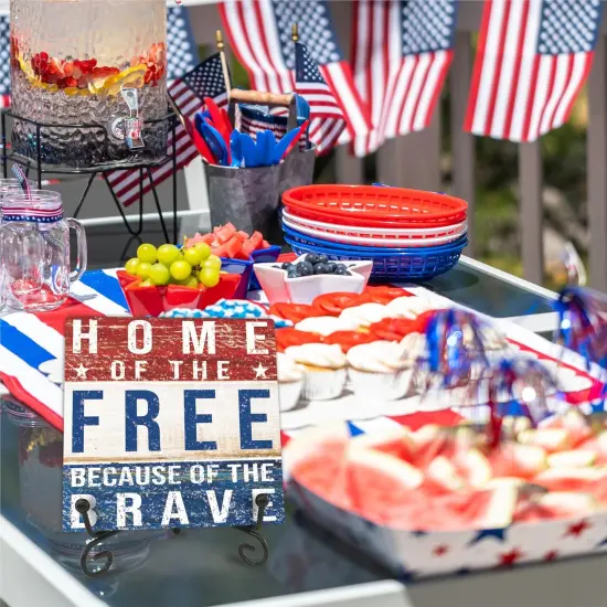 July 4th Retro Wood Plaque With Iron Stand - Home Of The Free Because Of The Brave - 4"x4" Wooden Block Sign, Patriotic Desk Signs, Shelf & Tabletop Decorations, America Memorial Day Supplies - E05 {2}