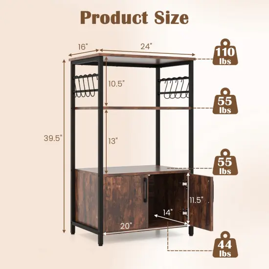 3-Tier Brown Kitchen Bakers Rack with 2 Doors Cabinet and 2 Open Storage Shelves {5}