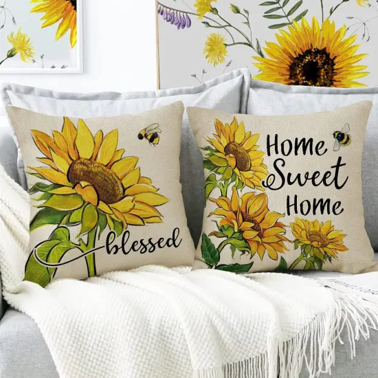 Sunflower Sunshine Decorative Throw Pillow Cover 18 x 18 Set of 4, Spring Summer Home Sweet Home Blessed Porch Patio Outdoor Pillowcase, Fall Autumn Flower Farmhouse Couch Cushion Case Decor {3}