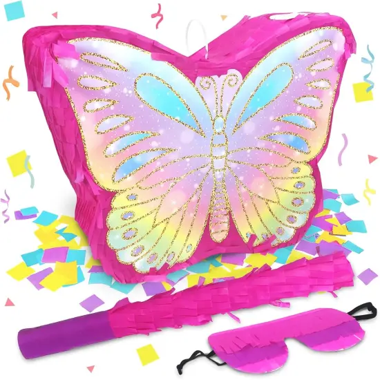 Butterfly Pinata for Birthday Party Supplies Colorful Butterfly Pinata with Stick and Blindfold Butterfly Themed Party Decoration, Small Pinata Party Supplies(16 x 12.6 x 4.2 In) {1}
