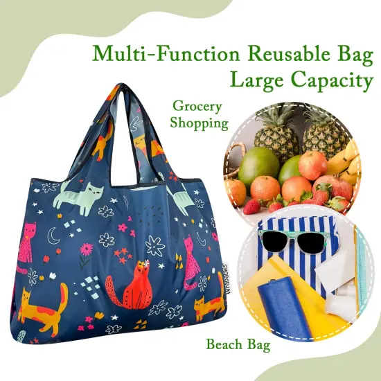 Wrapables Large & Small Foldable Tote Nylon Reusable Grocery Bags, Set of 2, Cute Kitties on Blue {5}