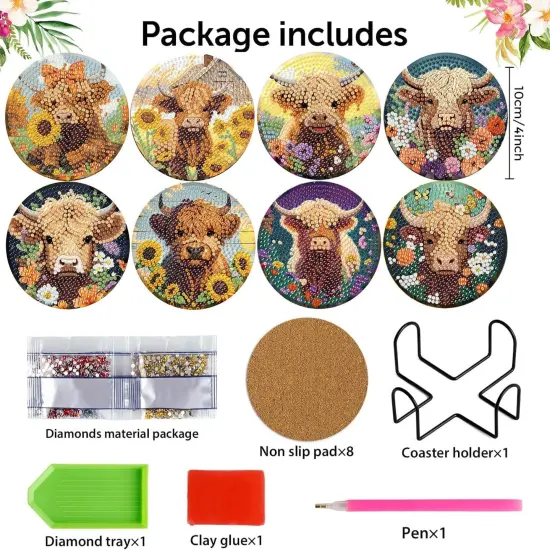 8 Pcs Diamond Art Painting Coasters Diamond Art Coasters with Holder, DIY Cow Coaster Diamond Painting Kits for Adults Beginners, Diamond Art Kits for Adults Arts and Crafts Supplies {2}