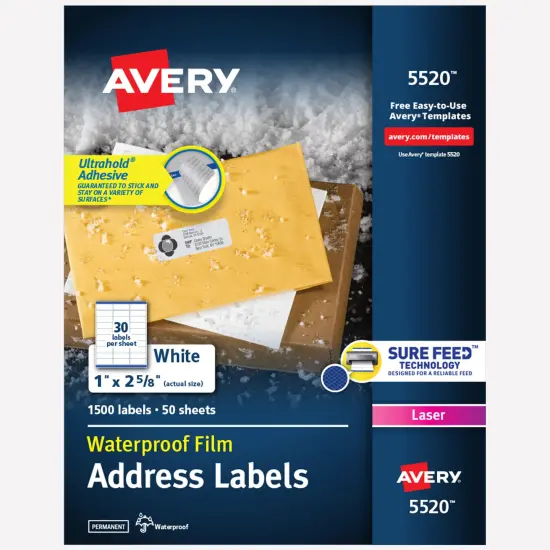 Avery Waterproof Printable Address Labels with Sure Feed, 1" x 2-5/8", White, Ultrahold Permanent Adhesive, Laser Printers, 1,500 Blank Mailing Labels (5520) {1}